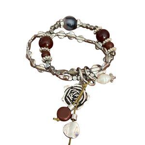 2 Strand Silver Tone Beaded Stretch Bracelet Rose Charm Pearl Dangle Stones Adj